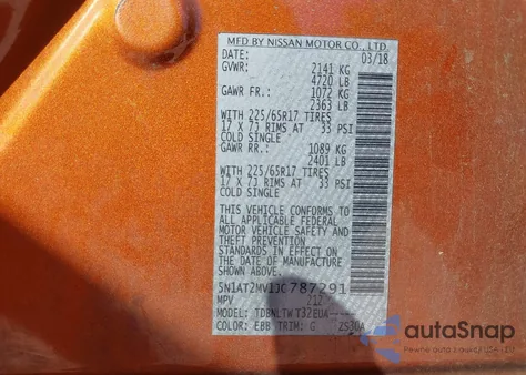 2018 Nissan Rogue Sv from USA, damaged, VIN 5N1AT2MV1JC787291